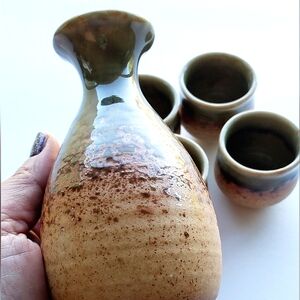 Mino Ware Japanese Sake Set Of 5 Green Brown Oribe Glazed Ceramic Pottery